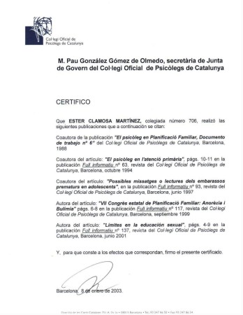 COL·LEGI DE PSICÒLEGS CERTIFICAT PUBLICACIONS